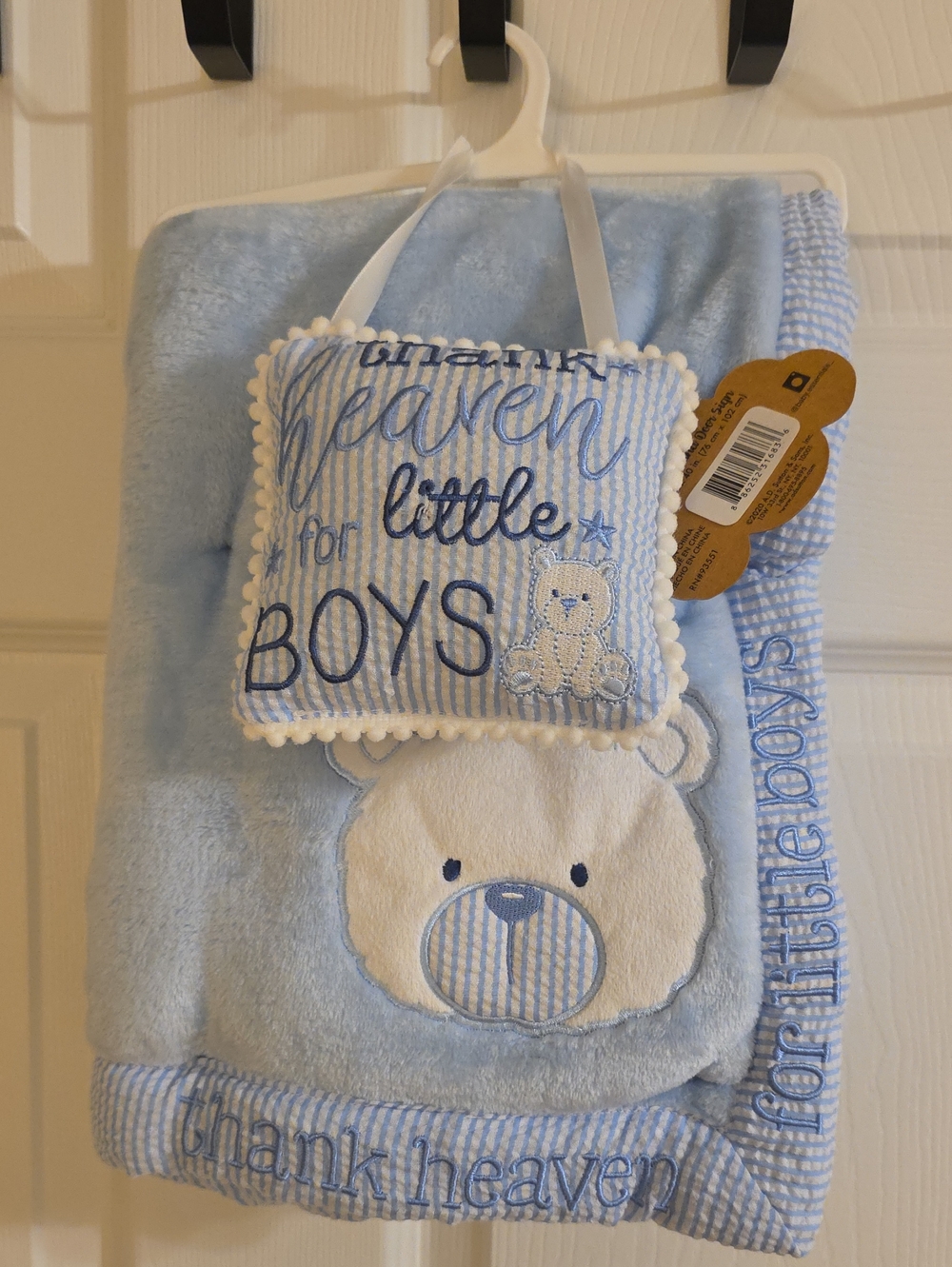 Baby Essentials Blue Plush Bear Baby Blanket with Embroidered Pillow